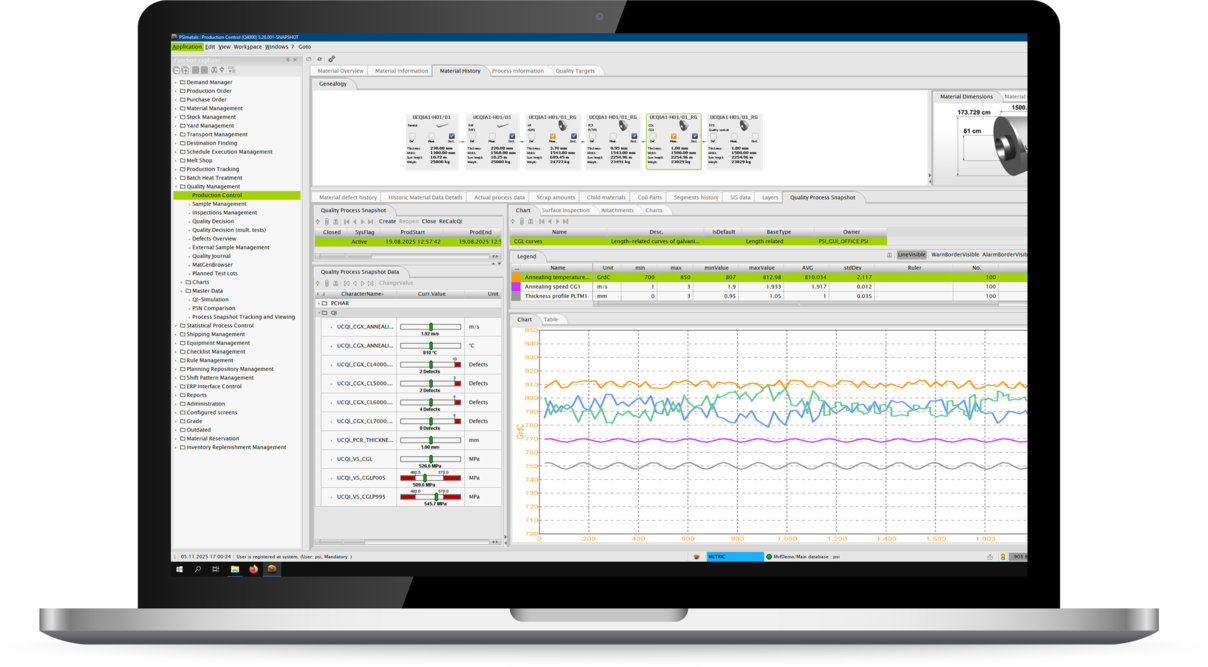 Interfejs systemu PSImetals prezentujący wskaźniki jakości na laptopie.