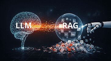 Visueller Vergleich zwischen LLMs und RAG – wie KI mit externer Datenabfrage die Genauigkeit und den Kontext bei der Generierung von Inhalten verbessert.