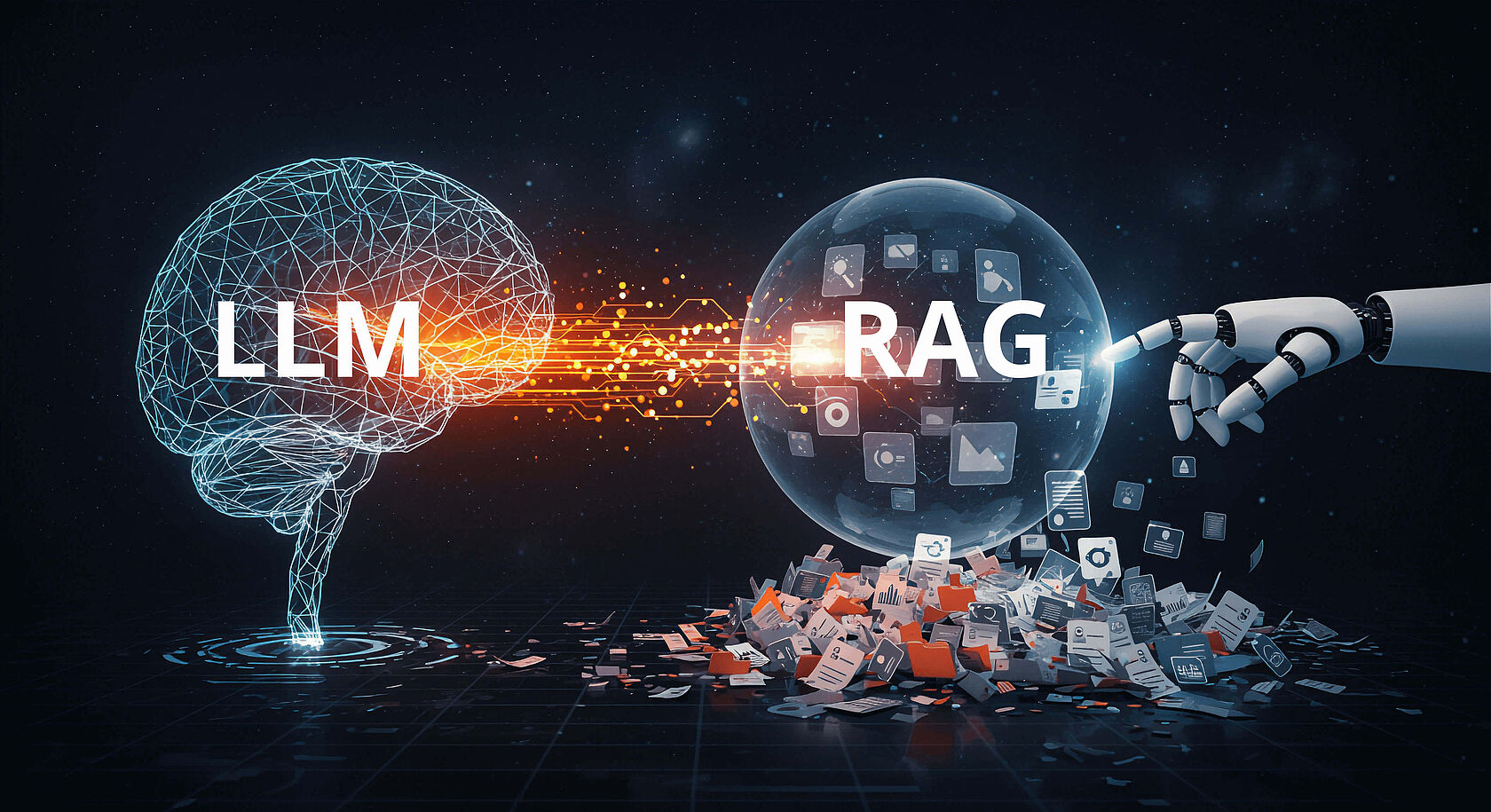 Visueller Vergleich zwischen LLMs und RAG – wie KI mit externer Datenabfrage die Genauigkeit und den Kontext bei der Generierung von Inhalten verbessert.
