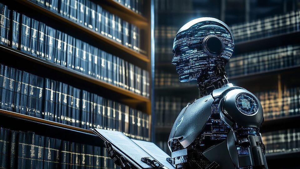 Ein futuristischer KI-Roboter analysiert Rechtsdokumente in einer digitalen Bibliothek und symbolisiert damit künstliche Intelligenz in der Rechtsforschung und Wissensverarbeitung.